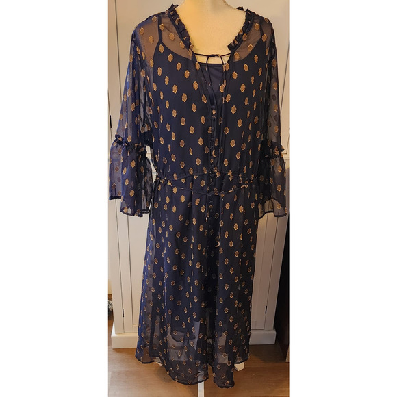 Ellos Women's Blue Gold Sheer Overlay Bell Sleeves Midi Plus Size Dress 26 - Picture 5 of 8